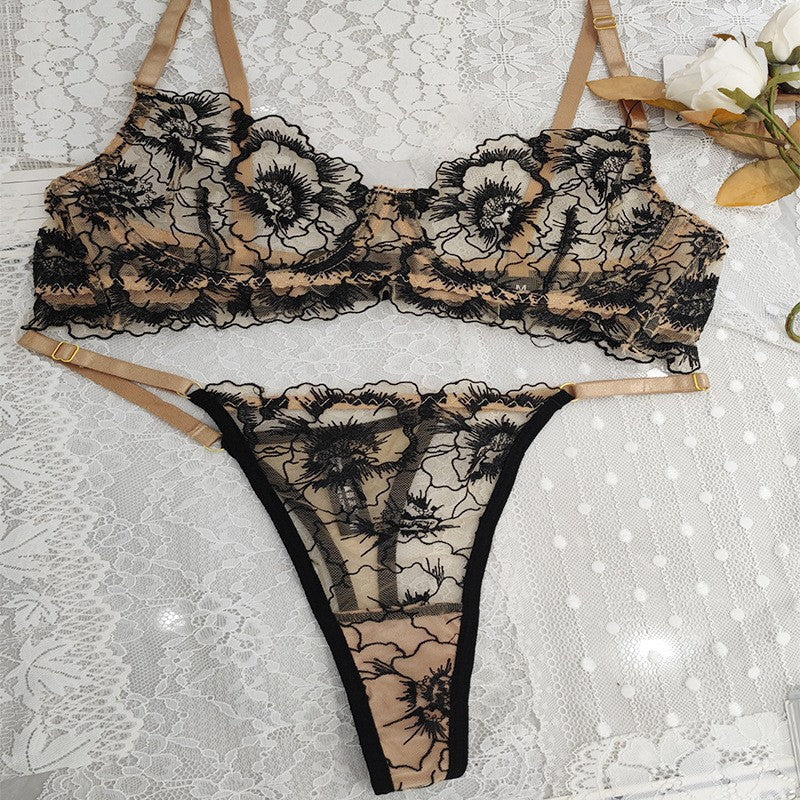 Cross-Border Pure Desire Sexy Lingerie Thin Floral Embroidery Large Bust Minimizer Anti-Sagging Lace Erotic Lingerie Set for Women