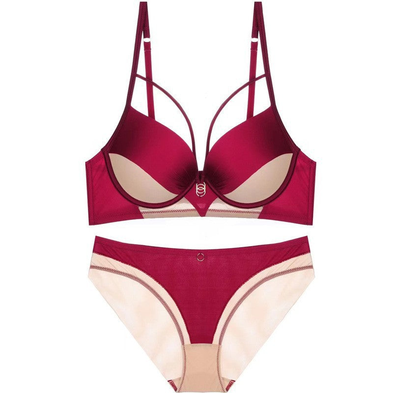 Amazon Cross-Border Sexy Lingerie Women's Satin Hollow Out Strap Small Chest Enhancing Push-Up Anti-Sagging Bra Set