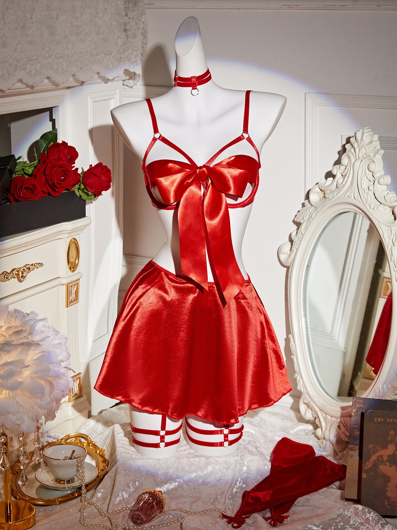 Cross-Border European and American Hot-Selling Sexy Lingerie Bowknot Chest-Exposing Bra Short Skirt Thong Collar Leg Ring Set