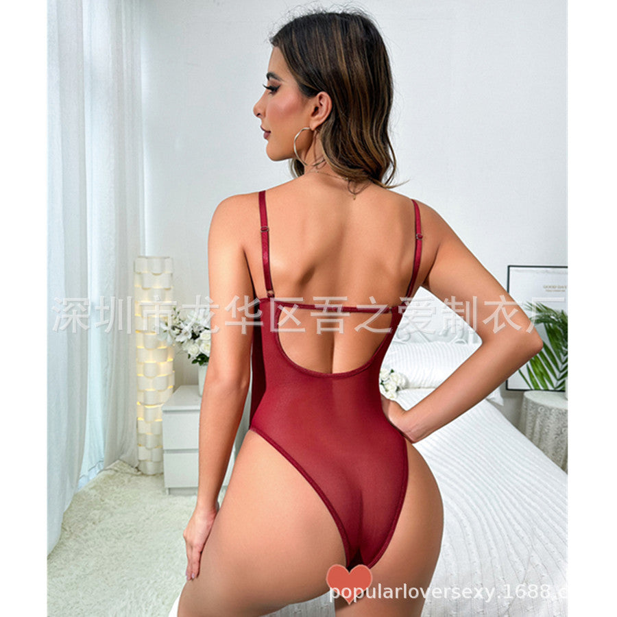 Cross-border New Mesh See-through Sexy Hollow Out Erotic Bodysuit Satin Patchwork Deep V Lightweight Underwear with Underwire