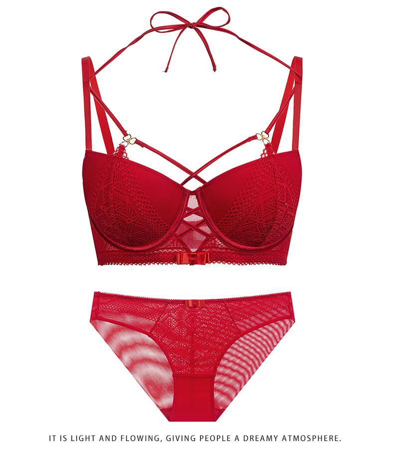 Cross-Border European and American Style French Lingerie Sexy Lace Strap Design Large Bust Push-Up Anti-Sagging Bra Set
