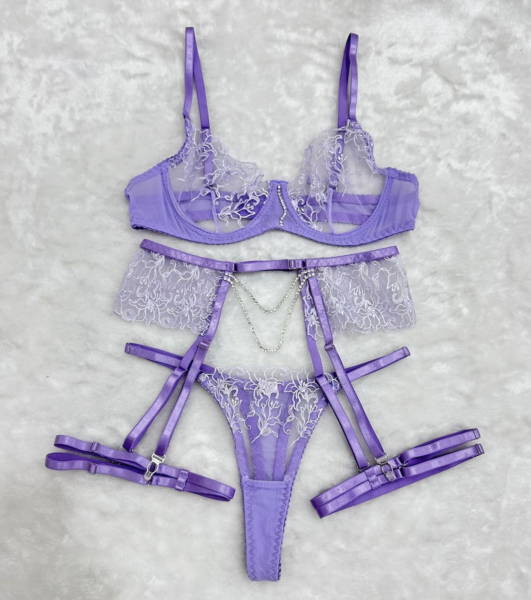 Cross-Border Amazon Hot-Selling Metal Chain Flower Embroidery Mesh Lingerie Transparent Sexy Lingerie Four-Piece Set