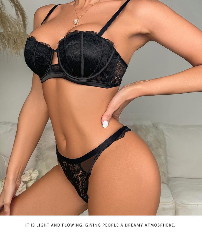 Cross-Border European and American Sexy Lingerie Half Cup Hollow Embroidery Lace Bra Small Chest Push-Up Side Breast Collection Lingerie Set
