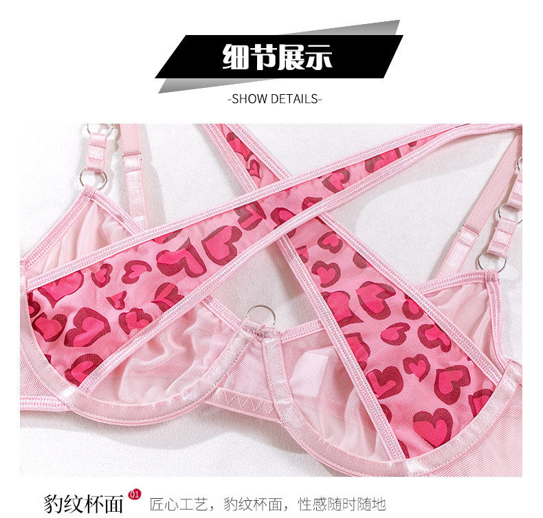 Cross-Border Foreign Trade Hot-Selling Sexy Mesh Leopard Print Metal Chain Lingerie Set with Gloves and Leg Rings Four-Piece Set