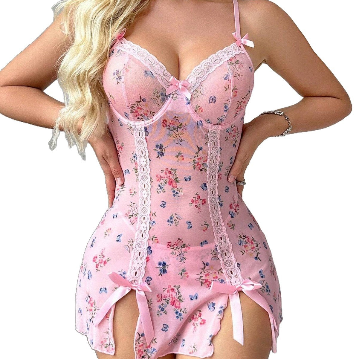 AliExpress Hot-Selling Sexy Pure Desire Nightdress Temptation Floral Lace Edge Erotic Sleepwear Thong Two-Piece Set Export