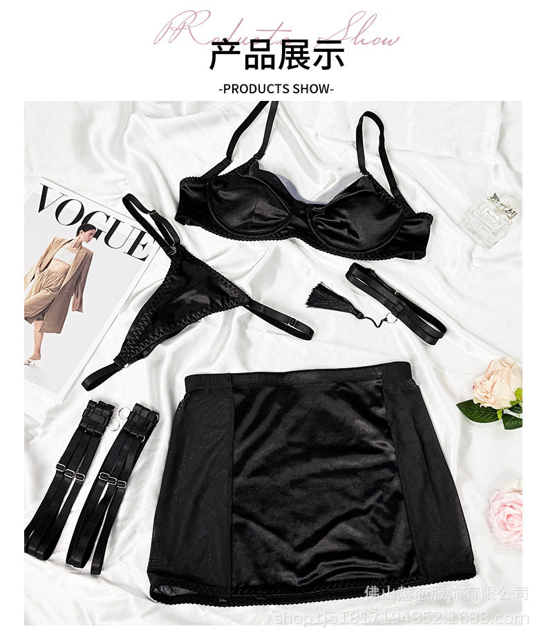Amazon Foreign Trade Sexy Lingerie Women's Satin Patchwork Mesh See-through Bodycon Skirt Thong Five-piece Set