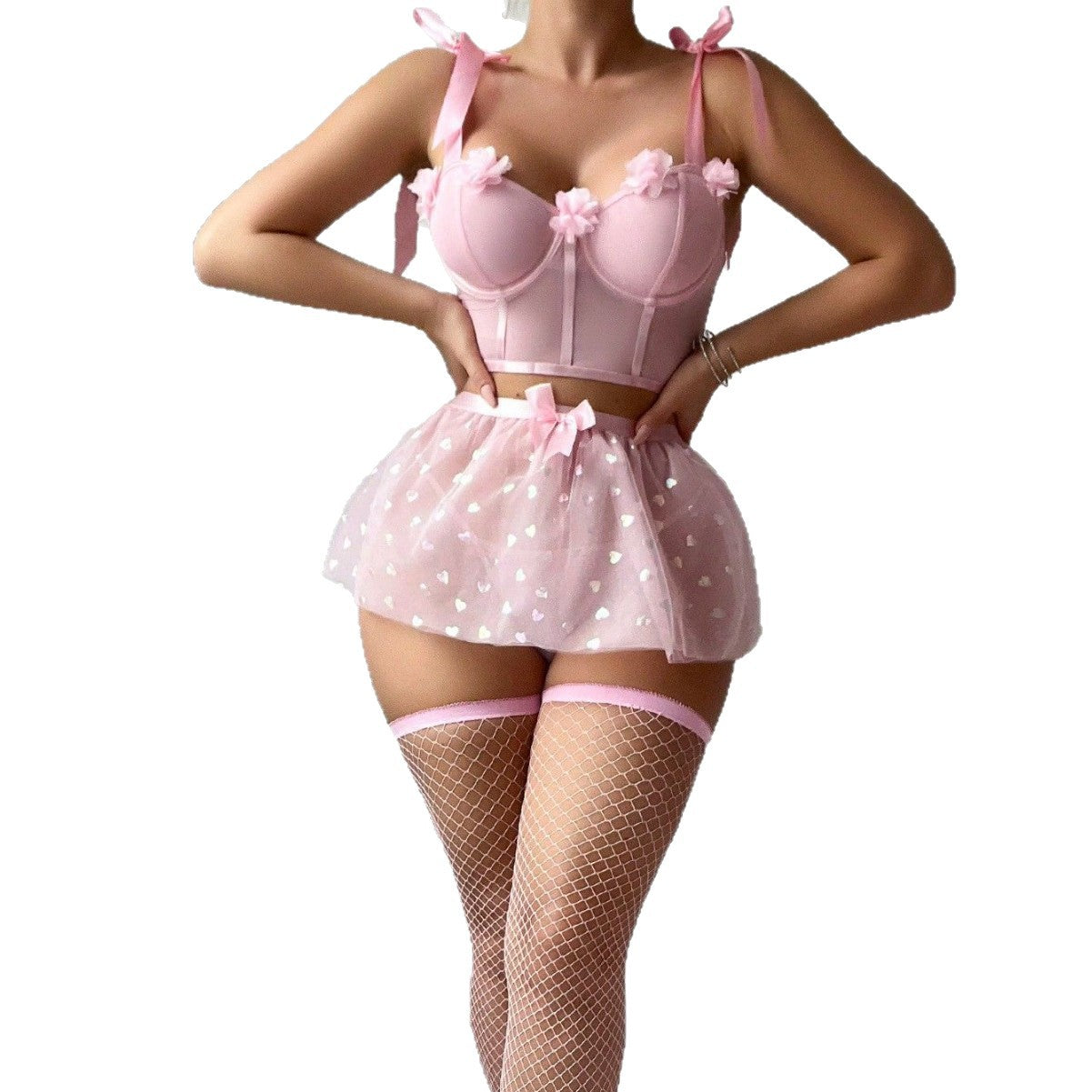 Foreign Trade Cross-Border Hot-Selling Sexy Lingerie Pure Desire See-Through Tie Bow Sequin Mesh Dress Lace Erotic Lingerie
