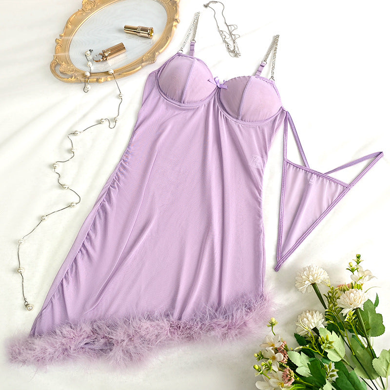 Cross-Border Strap Sexy Irregular European and American Feather Bodycon Design Dress Lace Purple Charm Sheer Nightdress