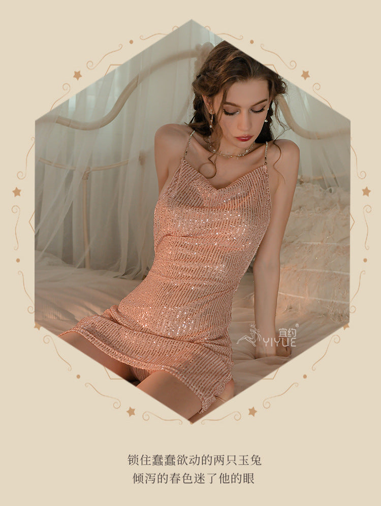 Yiyue Sexy Lingerie Shiny Nightclub Hot Temptation Backless Nightdress See-through Uniform No-Need-to-Take-Off Pajamas8844