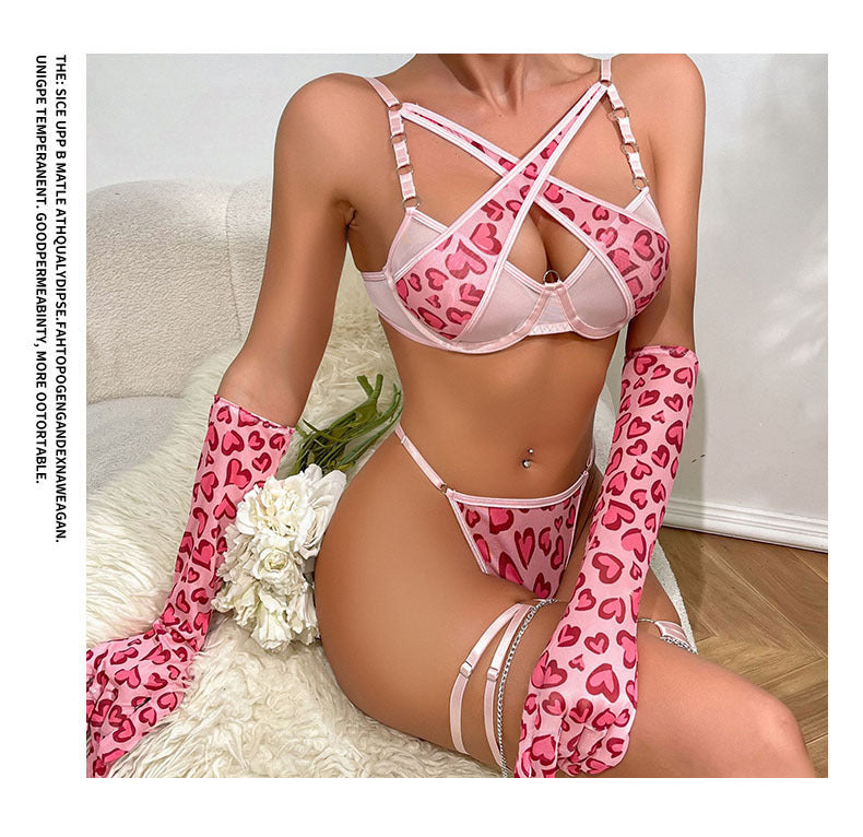 Cross-Border Foreign Trade Hot-Selling Sexy Mesh Leopard Print Metal Chain Lingerie Set with Gloves and Leg Rings Four-Piece Set