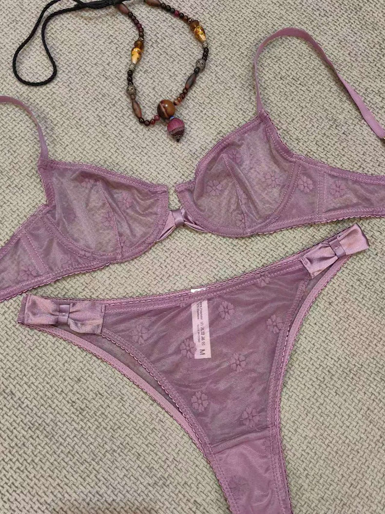 Cross-Border Hot-Selling Sexy Lingerie Summer Thin Large Bust Minimizing Sheer Flocked Embroidery Erotic Lingerie Women Two-Piece Set