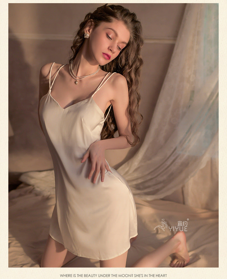 Yiyue Sexy Lingerie Sexy Ice Silk Strap Hollow Nightdress for Women Hot Passion Temptation Sleepwear Homewear8331