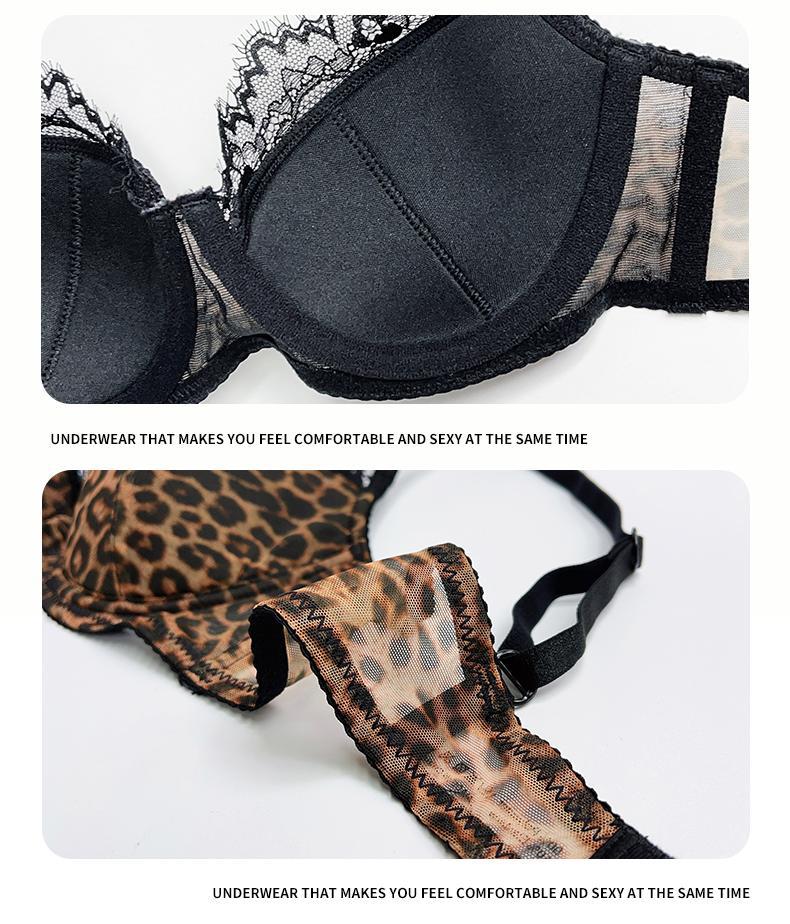 Cross-Border European and American Style Sexy Lingerie for Women Lace Leopard Mesh See-Through Large Bust Minimizer Push-Up Bra Set