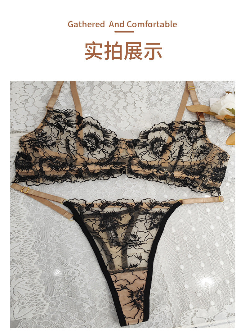 Cross-Border Pure Desire Sexy Lingerie Thin Floral Embroidery Large Bust Minimizer Anti-Sagging Lace Erotic Lingerie Set for Women