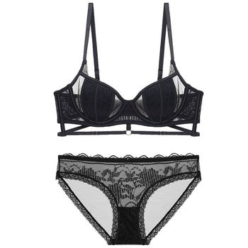 European and American Sexy Bra Set Ultra-thin Semi-transparent Half Cup Lace Bra Small Chest Push-up Anti-sagging Plus Size Bra