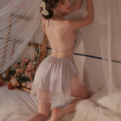 Yiyue Sexy Satin Nightdress Pure Desire Homewear with Chest Pads Bare Back Erotic Lingerie Uniform Pajama Set1125