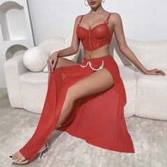 Amazon Foreign Trade European and American Sexy Lingerie Sexy See-through Mesh Slit Long Dress Three-piece Set Sexy Set