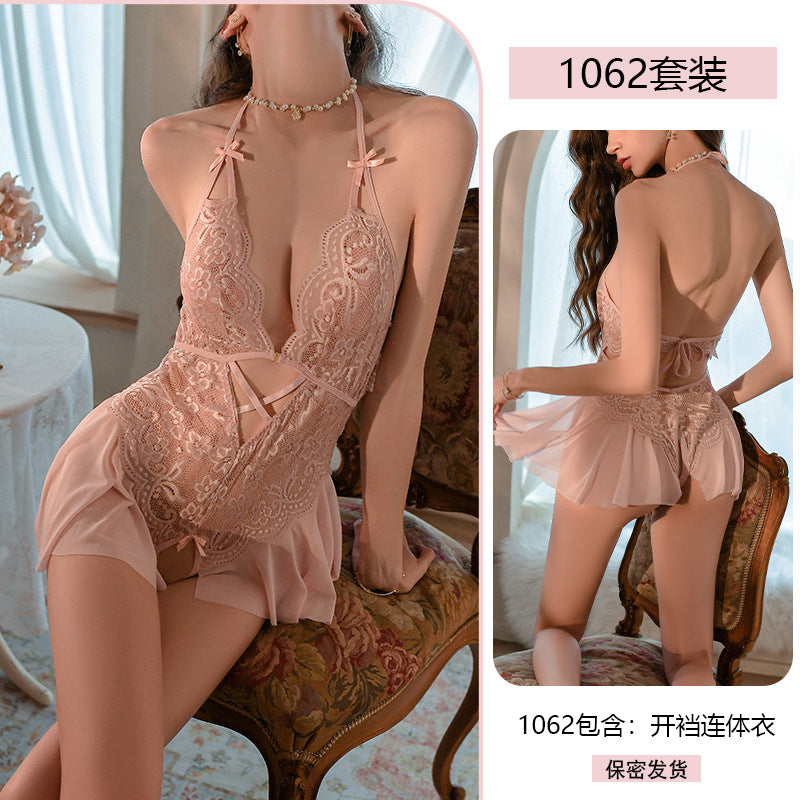 Yiyue Sexy Lingerie Lace Halter Temptation Bodysuit Women Open Crotch Uniform No-Remove Pajama Set1062
