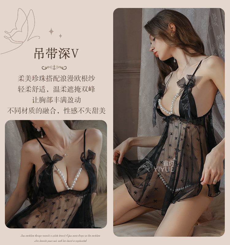 Yiyue Sexy Strap Nightdress Pearl Crotchless Transparent Temptation Sexy No-Remove Lingerie Bed Flirting Sleepwear1004
