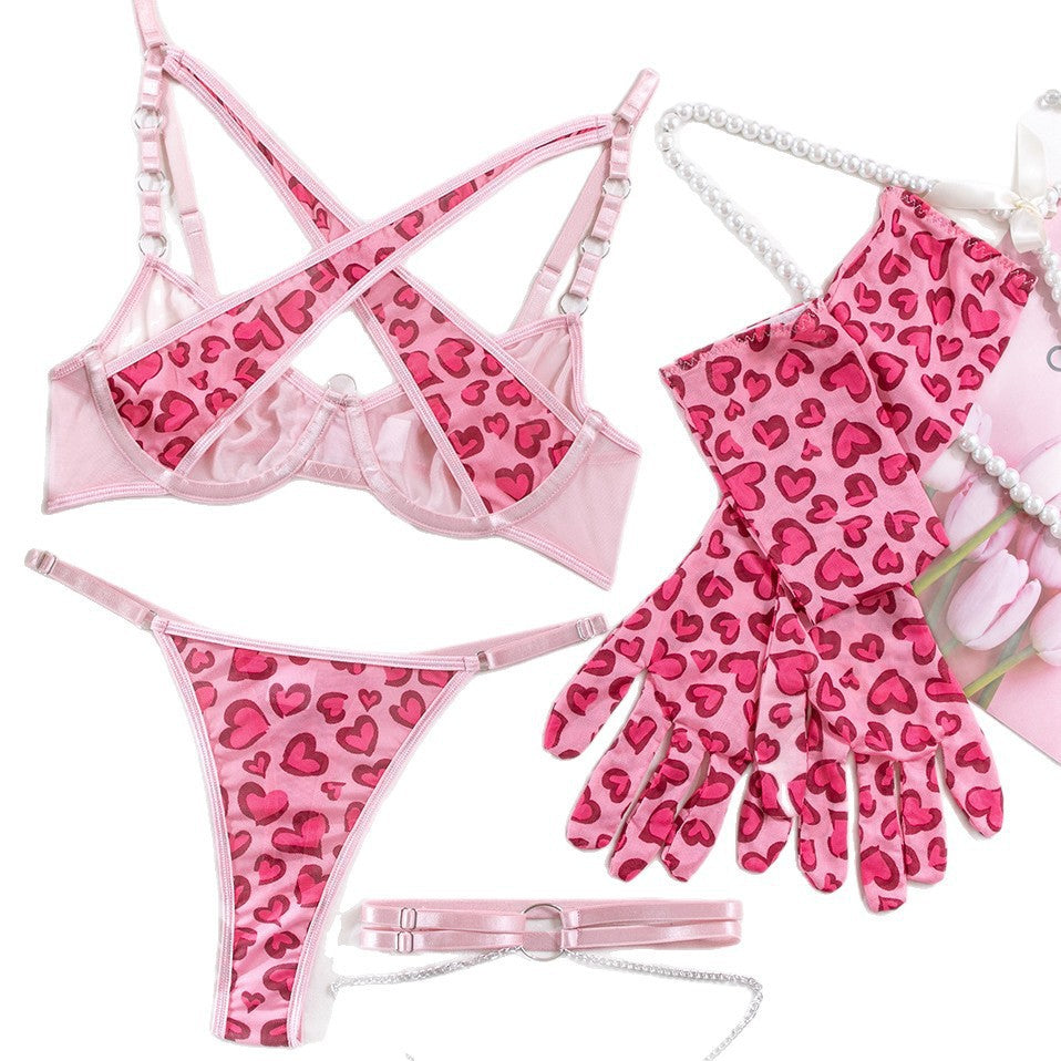 Cross-Border Foreign Trade Hot-Selling Sexy Mesh Leopard Print Metal Chain Lingerie Set with Gloves and Leg Rings Four-Piece Set