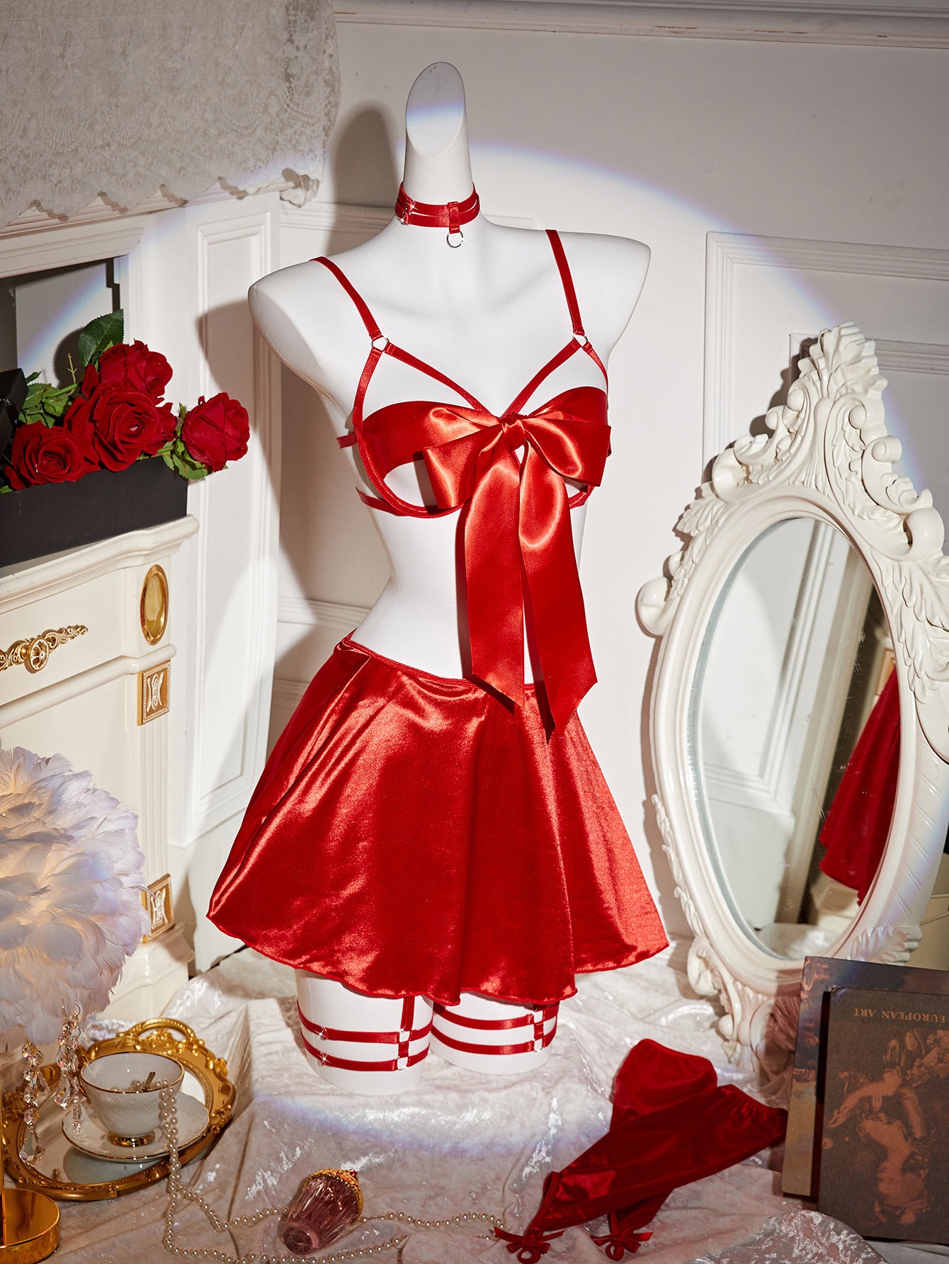 Cross-Border European and American Hot-Selling Sexy Lingerie Bowknot Chest-Exposing Bra Short Skirt Thong Collar Leg Ring Set
