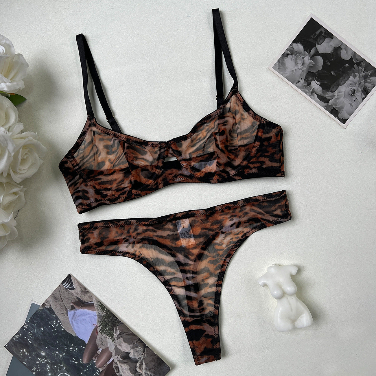 European and American Cross-Border Sexy Lingerie Big Chest Minimizer Ultra-Thin See-Through Leopard Mesh Temptation Sexy Bra Two-Piece Set for Women