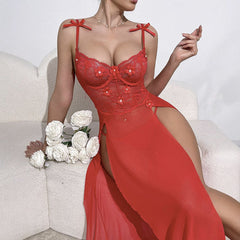 Sexy Red High-Slit Two-Piece Set with Steel Rings - No Chest Pad, Ins-Inspired Dress