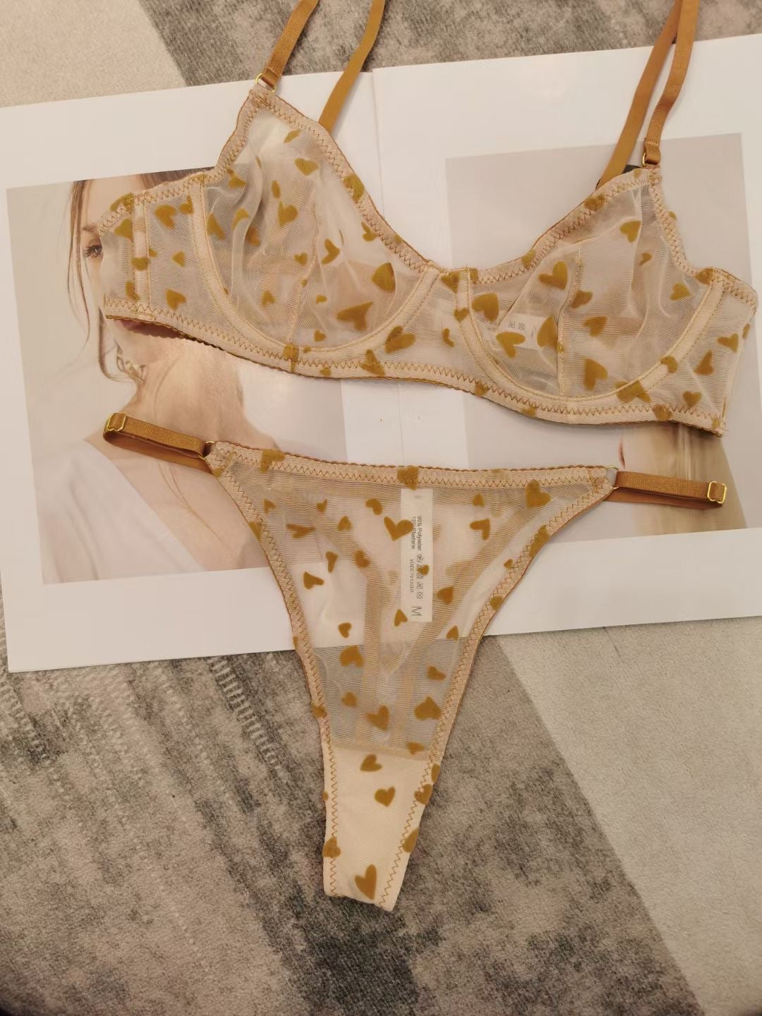 Foreign Trade European and American Sexy Lingerie Ultra-thin Mesh Heart Print Lace Bra Large Bust Minimizer Lingerie Set