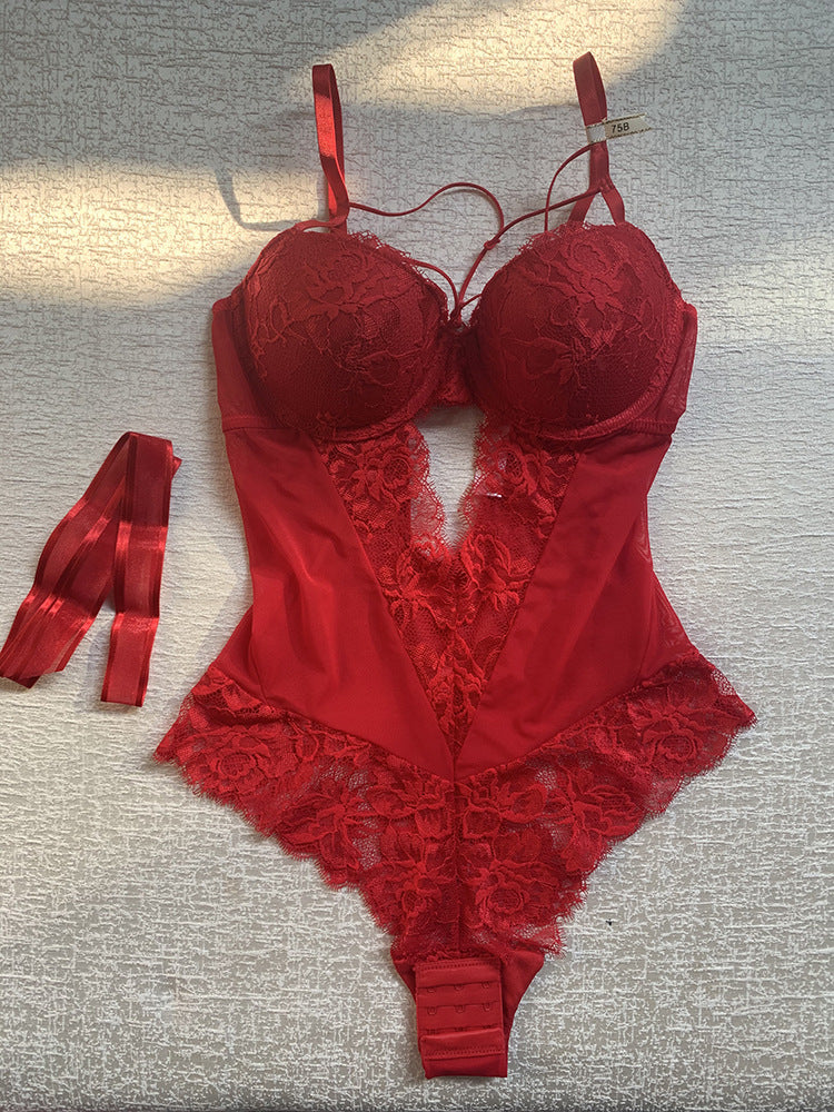 French Style Sexy Bodysuit Temptation Bow Transparent Lace European and American Tight Sexy Jumpsuit