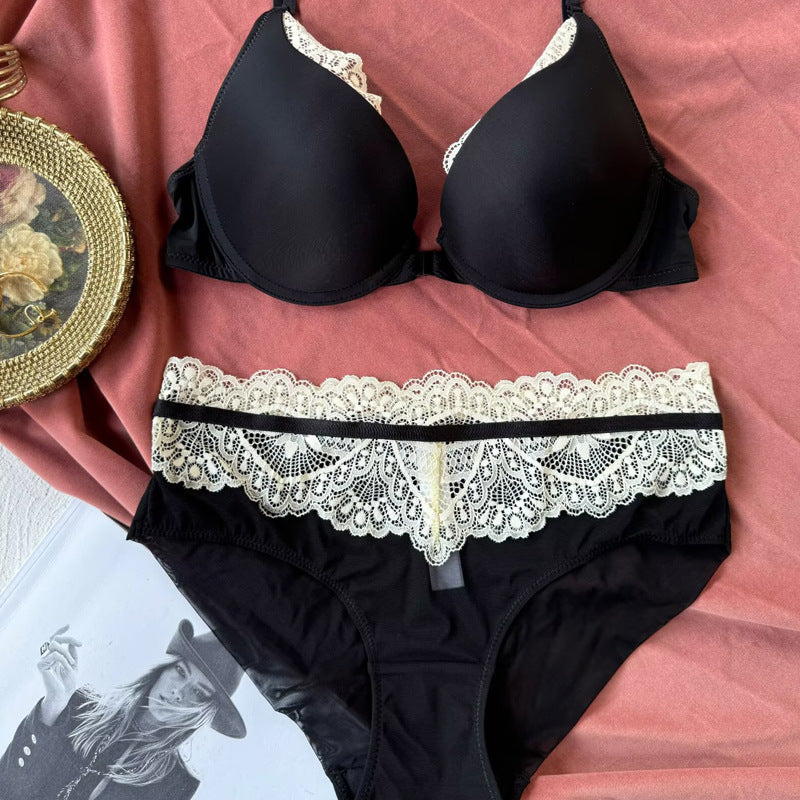 European and American Cross-Border Sexy French Lingerie Women's Front Buckle Beautiful Back Bra Small Chest Push-Up Anti-Sagging Lace Lingerie Set