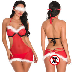 Christmas Outfit Halter Neck Deep V Collared Jumpsuit Waist-Exposing Strap Sexy Lingerie Christmas Uniform for Women with Eye Mask