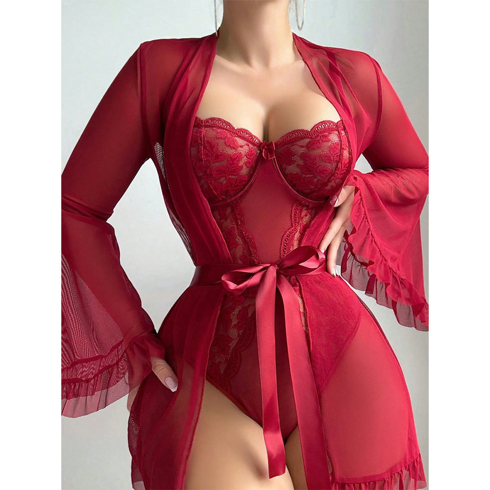 Amazon Foreign Trade Red Sexy Lingerie Nightgown Women Lace See-through Tie Bodysuit Shawl Two-piece Set