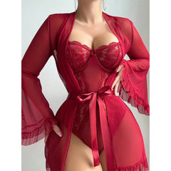 Amazon Foreign Trade Red Sexy Lingerie Nightgown Women Lace See-through Tie Bodysuit Shawl Two-piece Set