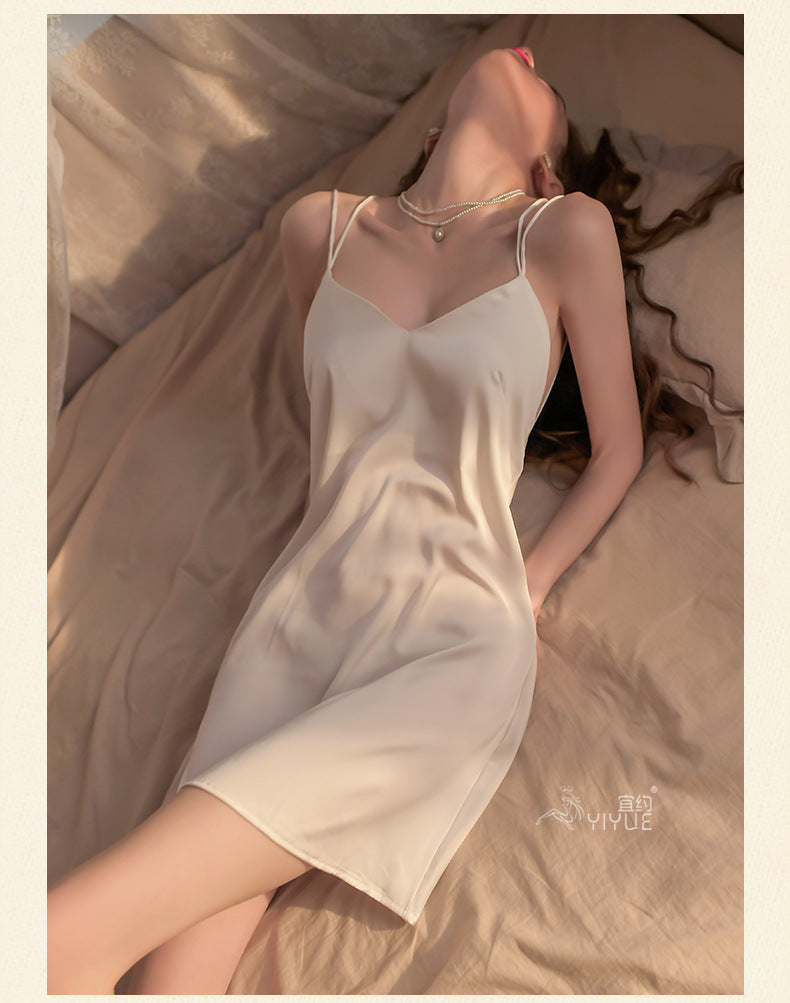 Yiyue Sexy Lingerie Sexy Ice Silk Strap Hollow Nightdress for Women Hot Passion Temptation Sleepwear Homewear8331
