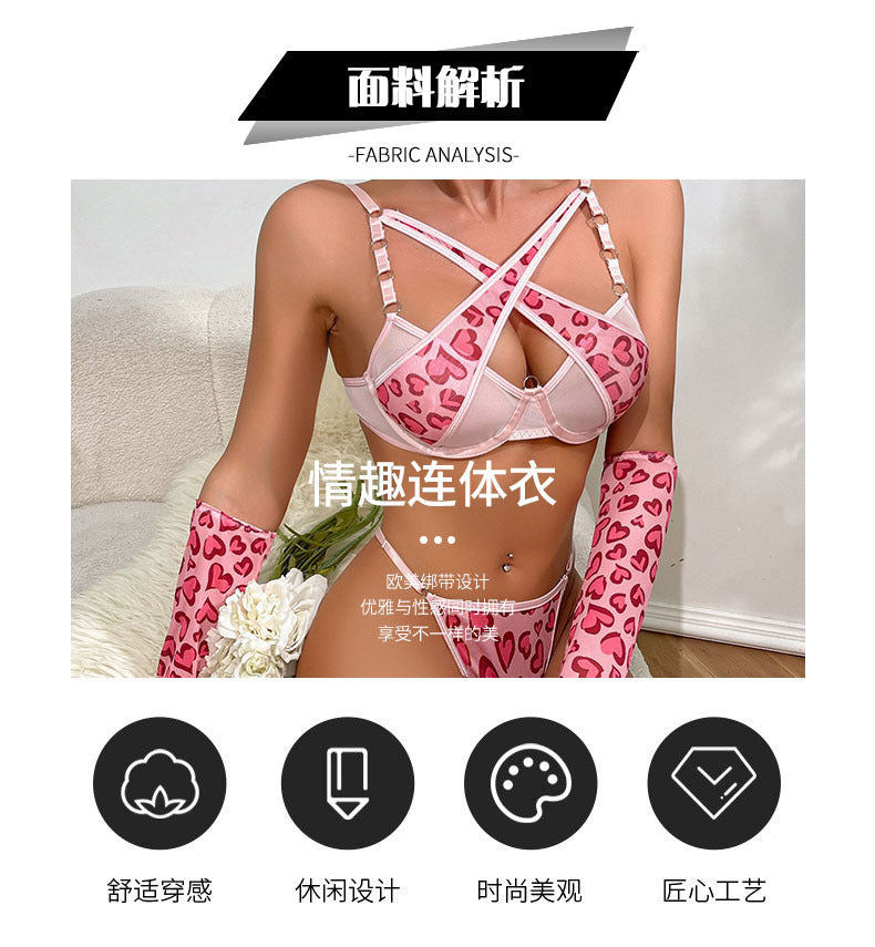 Cross-Border Foreign Trade Hot-Selling Sexy Mesh Leopard Print Metal Chain Lingerie Set with Gloves and Leg Rings Four-Piece Set