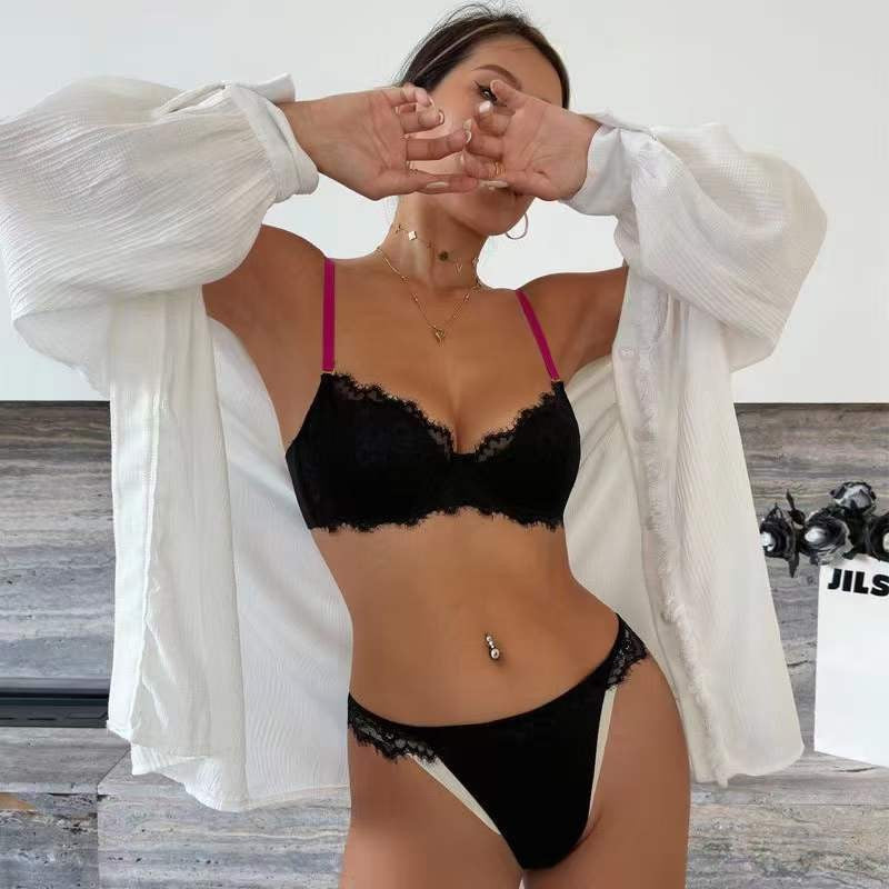 European and American Russian Hot-Selling Sexy Lingerie Lace Small Chest Enhancing Anti-Sagging Embroidered Color-Block Push-Up Bra Set