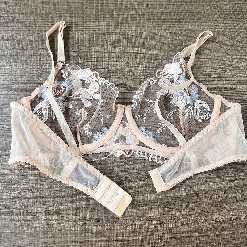 Cross-Border European and American French Style Lingerie Sexy Set Ultra-Thin See-Through Lace Bra Big Chest Minimizer Anti-Sagging Two-Piece Set