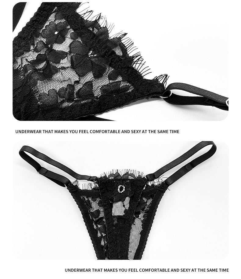 Amazon European and American French Style Sexy Lingerie Women's Ultra-Thin Embroidered Lace See-Through Temptation Thong Five-Piece Set