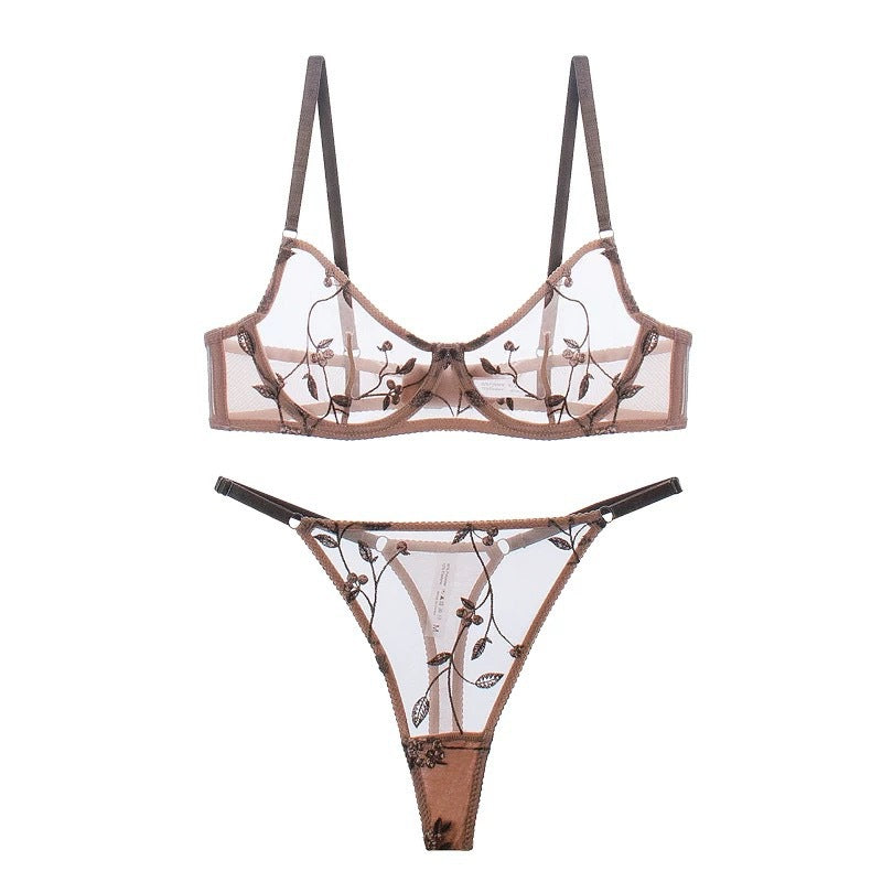 European and American Cross-Border Sexy Lingerie French Pure Desire Ultra-Thin See-Through Mesh Embroidery Underwire Push-Up Erotic Lingerie Set