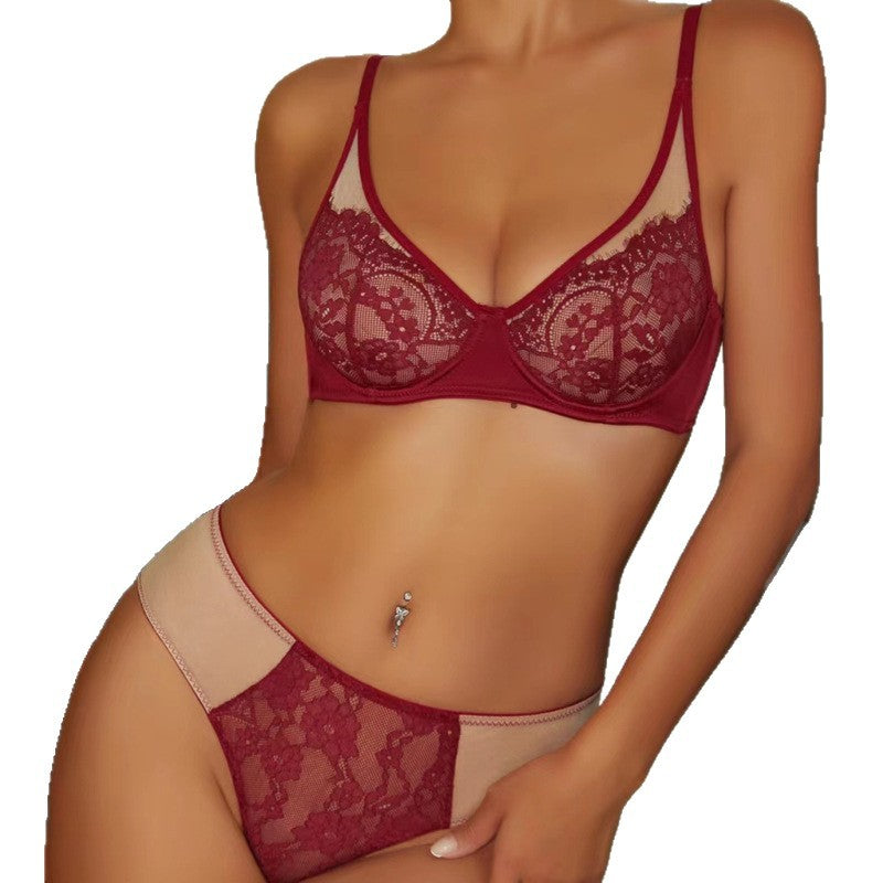 Cross-Border Sexy Lingerie Ultra-Thin See-Through Large Bust Minimizer Anti-Sagging Mesh Lace Sexy Temptation Bra Two-Piece Set