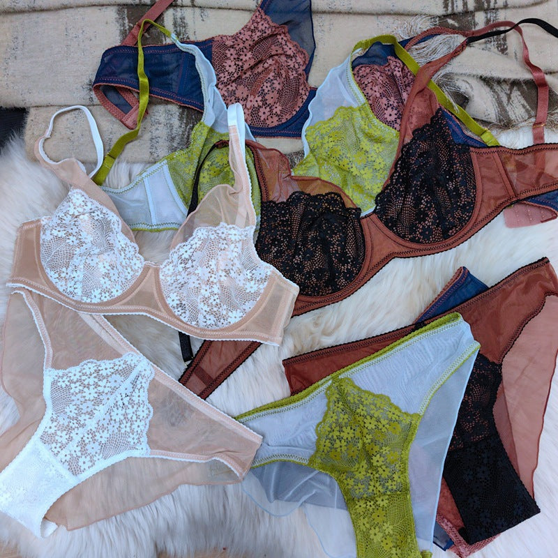 Cross-Border Hot-Selling French Style Sexy Lingerie Ultra-Thin Retro Color-Block Lace Bra Large Bust Minimizer Sexy Lingerie Set