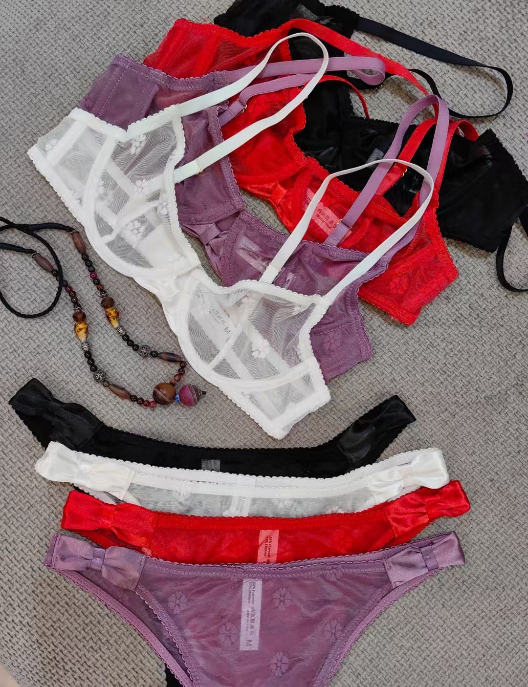 Cross-Border Hot-Selling Sexy Lingerie Summer Thin Large Bust Minimizing Sheer Flocked Embroidery Erotic Lingerie Women Two-Piece Set