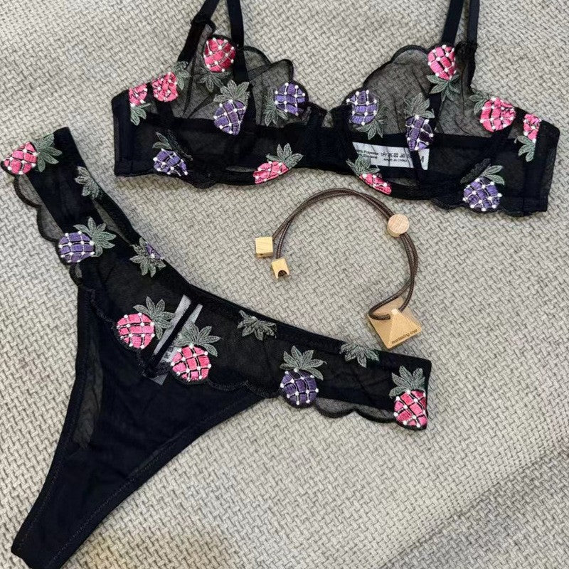 European and American Cross-Border Trade Sexy Bra Ultra-Thin Mesh Pineapple Embroidery Lace Large Bust Minimizer Sexy Lingerie Set