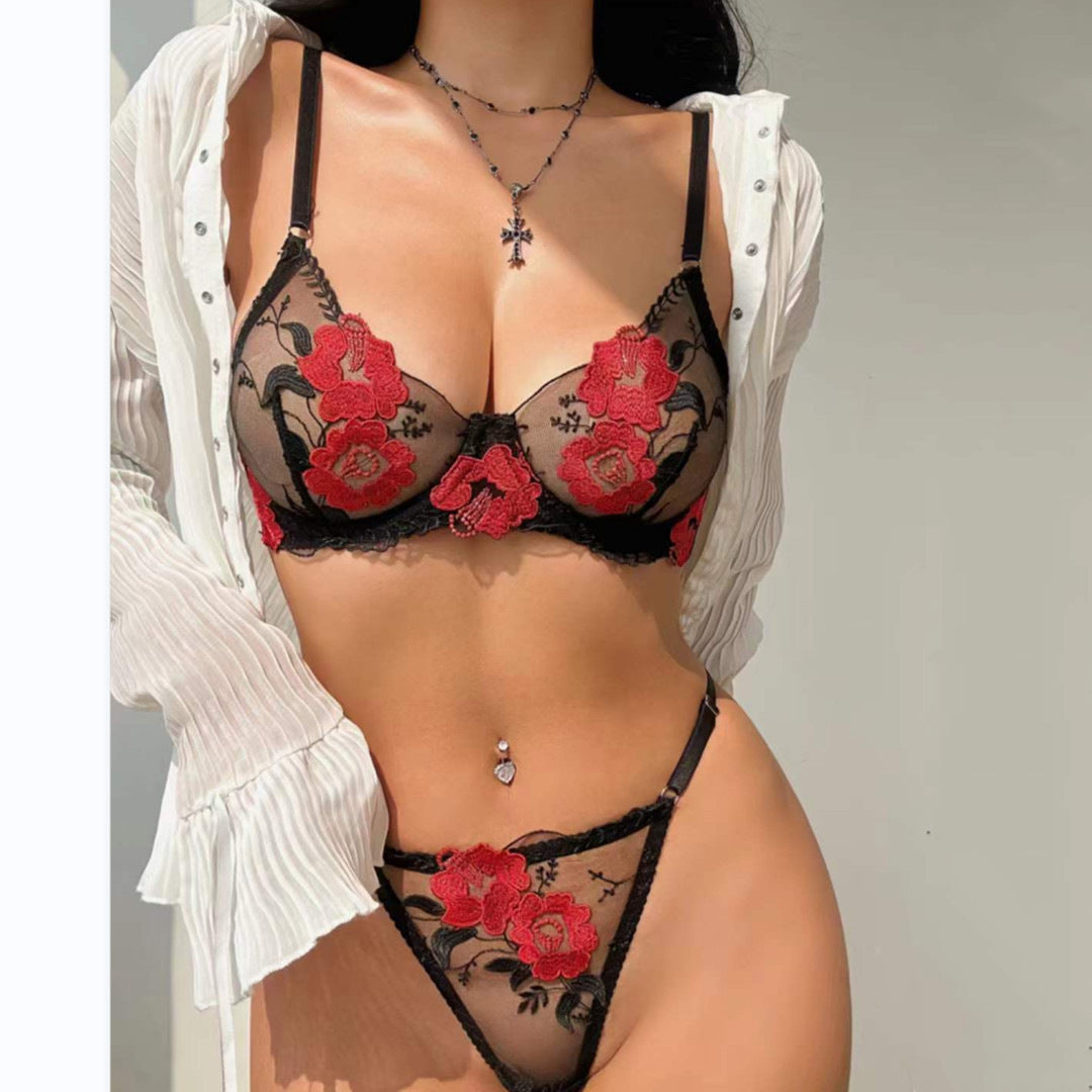 Cross-Border European and American French Style Lingerie Sexy Set Ultra-Thin See-Through Lace Bra Big Chest Minimizer Anti-Sagging Two-Piece Set