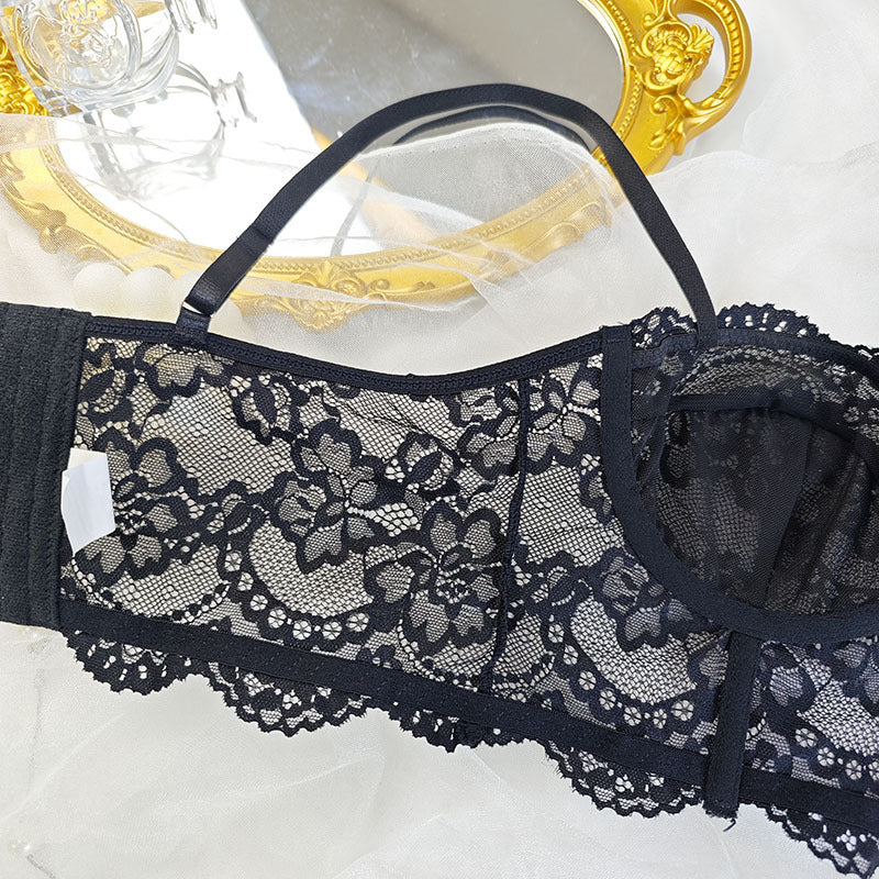Cross-Border Hot-Selling Pure Desire Style Sexy Lace Hollow Design See-Through Strap Underwire Lightweight Erotic Lingerie Two-Piece Set