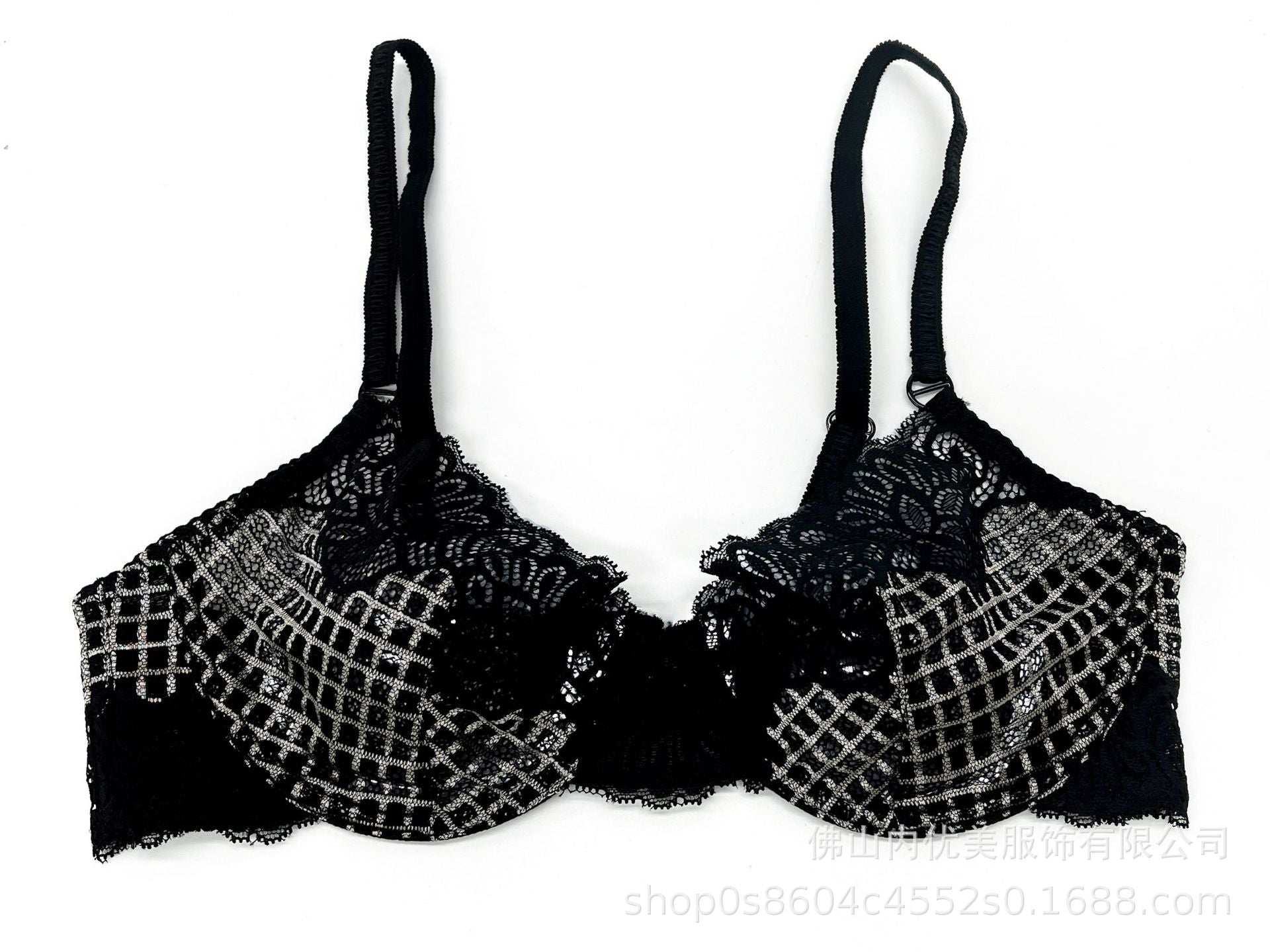 Cross-Border European and American Style French Lingerie Sexy Ultra-Thin Plaid Lace Bra Large Bust Minimizer Sexy Lingerie Set