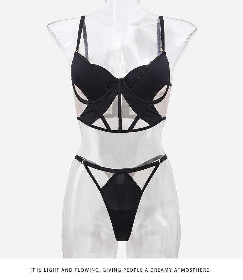 Cross-Border Sexy Lingerie for Women French Style Thin Cotton Smooth Mesh Fishbone Bra Set for Large Bust Minimizing Anti-Sagging Bra Set