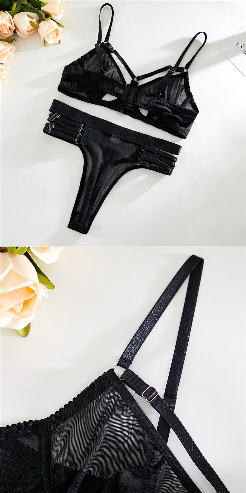 European and American Independent Station Hot-Selling New Style See-Through Mesh Wireless Motorcycle Sexy Lingerie Set