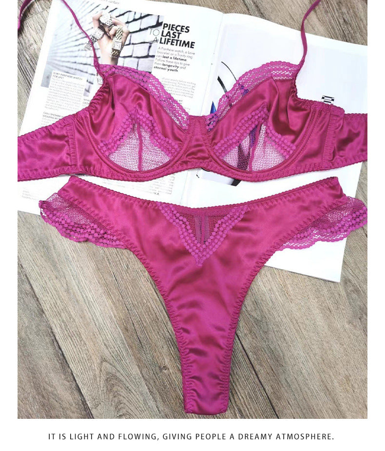 European and American Cross-Border Sexy French Lingerie Women Satin Lace Bra Large Bust Minimizer Anti-Sagging Lingerie Set