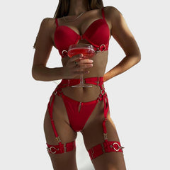 European and American Cross-Border Hot-Selling Sexy Lingerie Big Chest Minimizer Tie-Up Metal Punk Style Erotic Lingerie Women's Four-Piece Set
